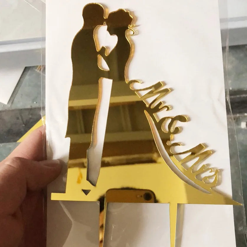 New MR&MRS Happy Wedding Cake Topper Gold Black Acrylic Ring Groom Bride Cake Topper Wedding Engagement Party Dessert Decoration