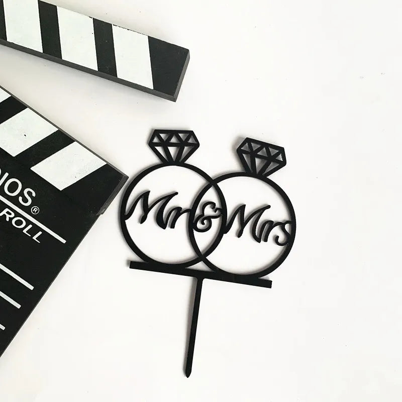 New MR&MRS Happy Wedding Cake Topper Gold Black Acrylic Ring Groom Bride Cake Topper Wedding Engagement Party Dessert Decoration