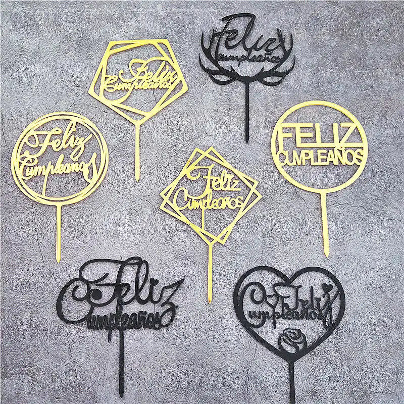 New Spanish Happy Birthday Cake Topper Gold Black Colored Acrylic Birthday Party Cake Toppers for Baby Shower Dessert Decoration