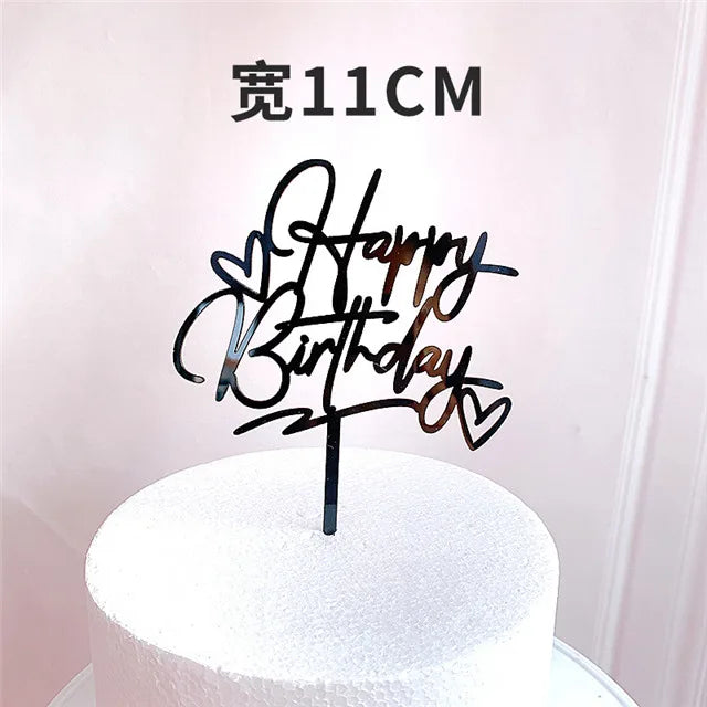 Gold Silver Happy Birthday Cake Toppers Acrylic Classic Birthday Cupcake Topper Dessert Decoration For Baby Shower Cake Supplies