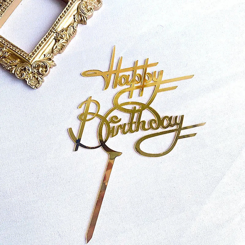 Decoración para tarta de cumpleaños "Golden Happy Birthday" de acrílico negro para fiesta de cumpleaños, decoración de postre para baby shower, bandera de regalo