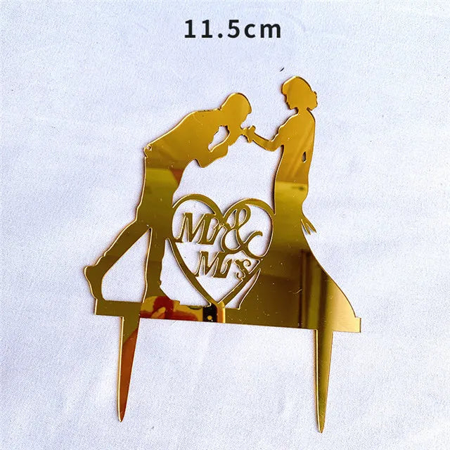 New MR&MRS Happy Wedding Cake Topper Gold Black Acrylic Ring Groom Bride Cake Topper Wedding Engagement Party Dessert Decoration