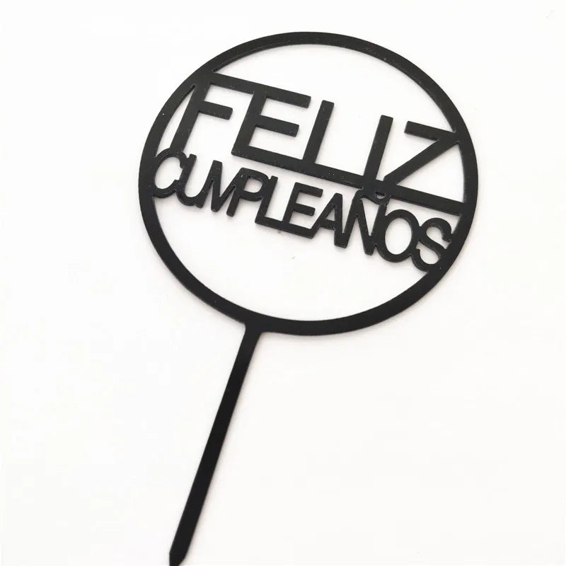 New Spanish Happy Birthday Cake Topper Gold Black Colored Acrylic Birthday Party Cake Toppers for Baby Shower Dessert Decoration