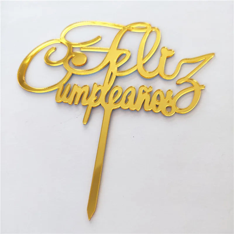 New Spanish Happy Birthday Cake Topper Gold Black Colored Acrylic Birthday Party Cake Toppers for Baby Shower Dessert Decoration