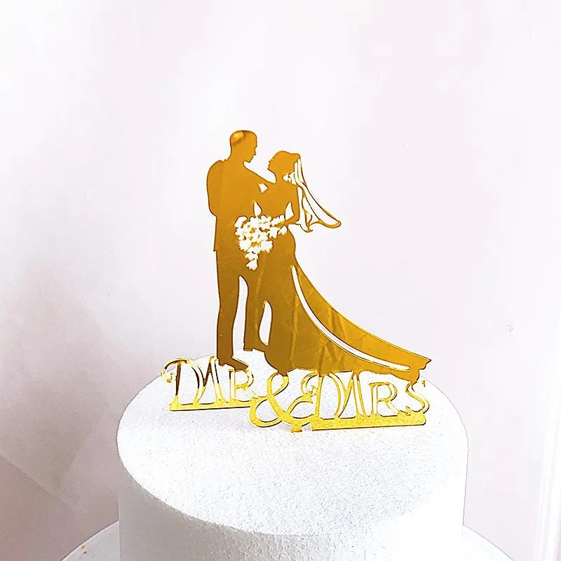 New MR&MRS Happy Wedding Cake Topper Gold Black Acrylic Ring Groom Bride Cake Topper Wedding Engagement Party Dessert Decoration
