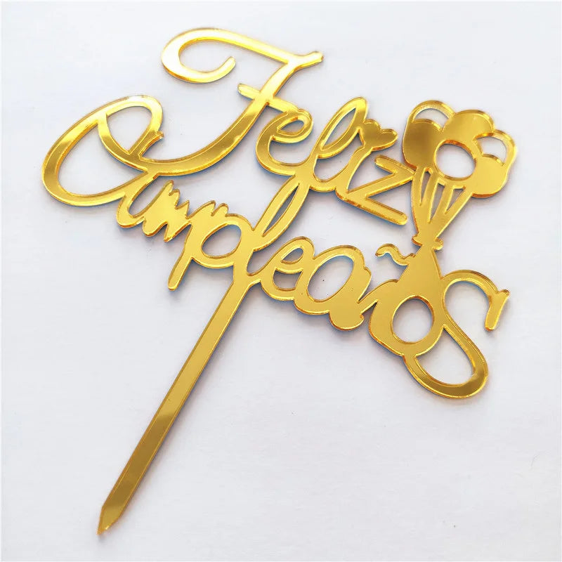 New Spanish Happy Birthday Cake Topper Gold Black Colored Acrylic Birthday Party Cake Toppers for Baby Shower Dessert Decoration