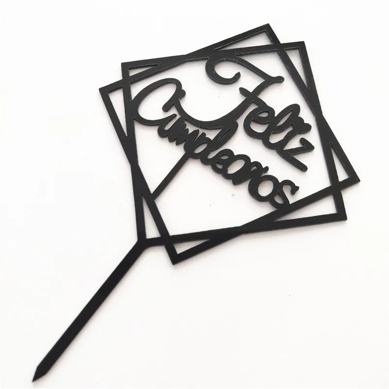 New Spanish Happy Birthday Cake Topper Gold Black Colored Acrylic Birthday Party Cake Toppers for Baby Shower Dessert Decoration
