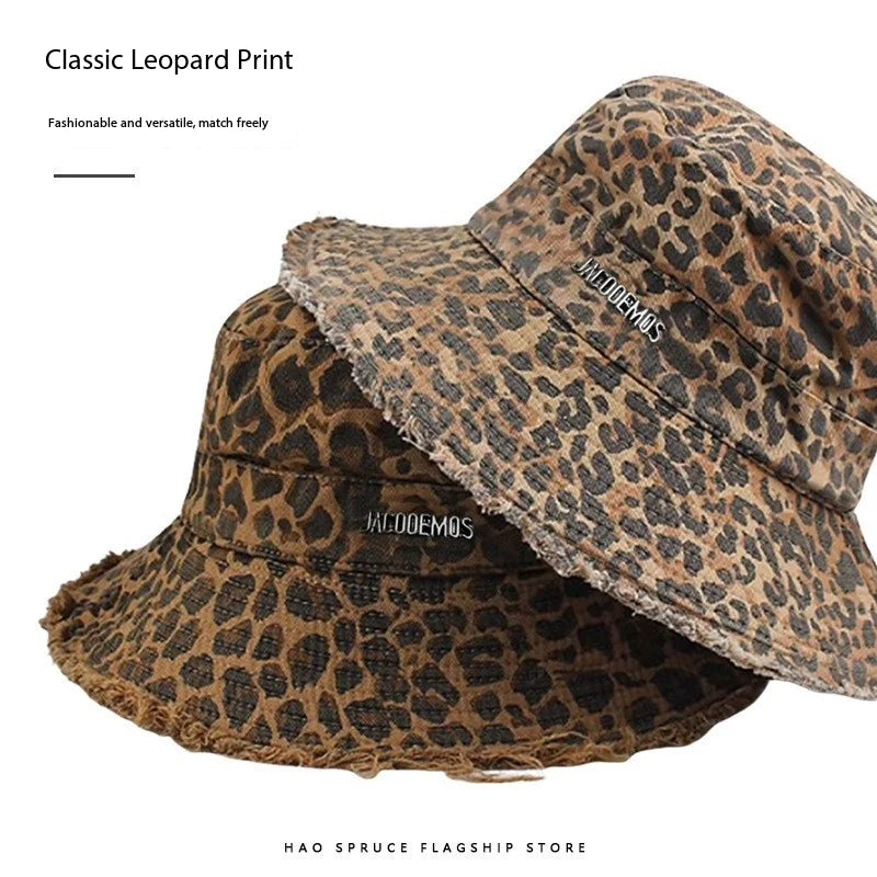 Sombrero de pescador con estampado de leopardo americano, estilo femenino, gorro pequeño que realza el rostro, sombrero tipo pescador estilo "chica picante"