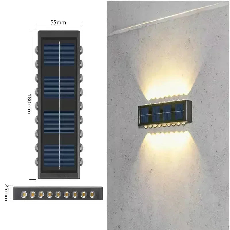 Luces solares de pared para exterior cálidas/blancas, lámpara solar de pared para porche con iluminación superior e inferior para jardín, calle, paisaje, balcón, patio