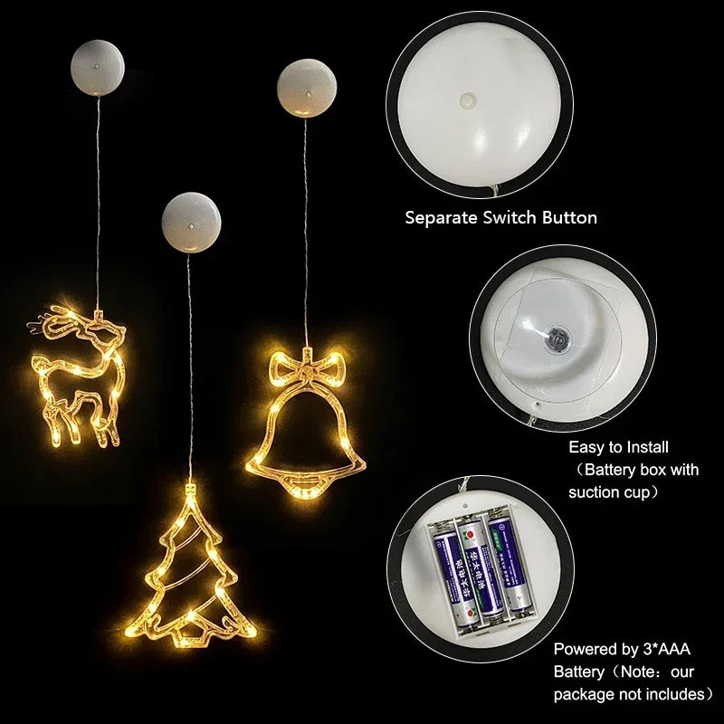 Luz LED de copo de nieve para Navidad, Papá Noel, lámpara de ventosa colgante, adornos de ventana, decoración para el hogar, Navidad, Año Nuevo, luces de cadena