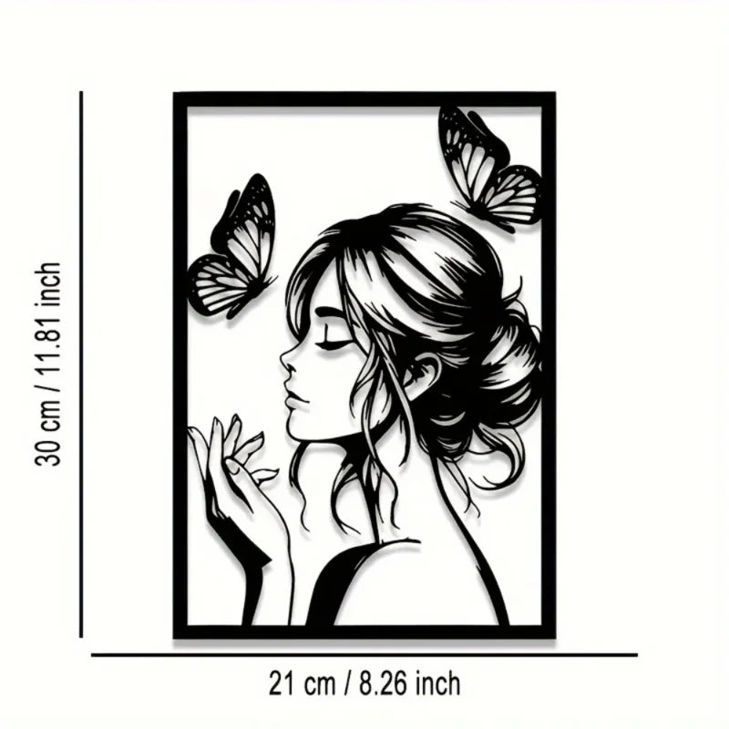 Arte de Pared de Metal con Mujer y Mariposa – Elegante Decoración Enmarcada para Habitación, Patio, Terraza, Regalo Perfecto para Ella