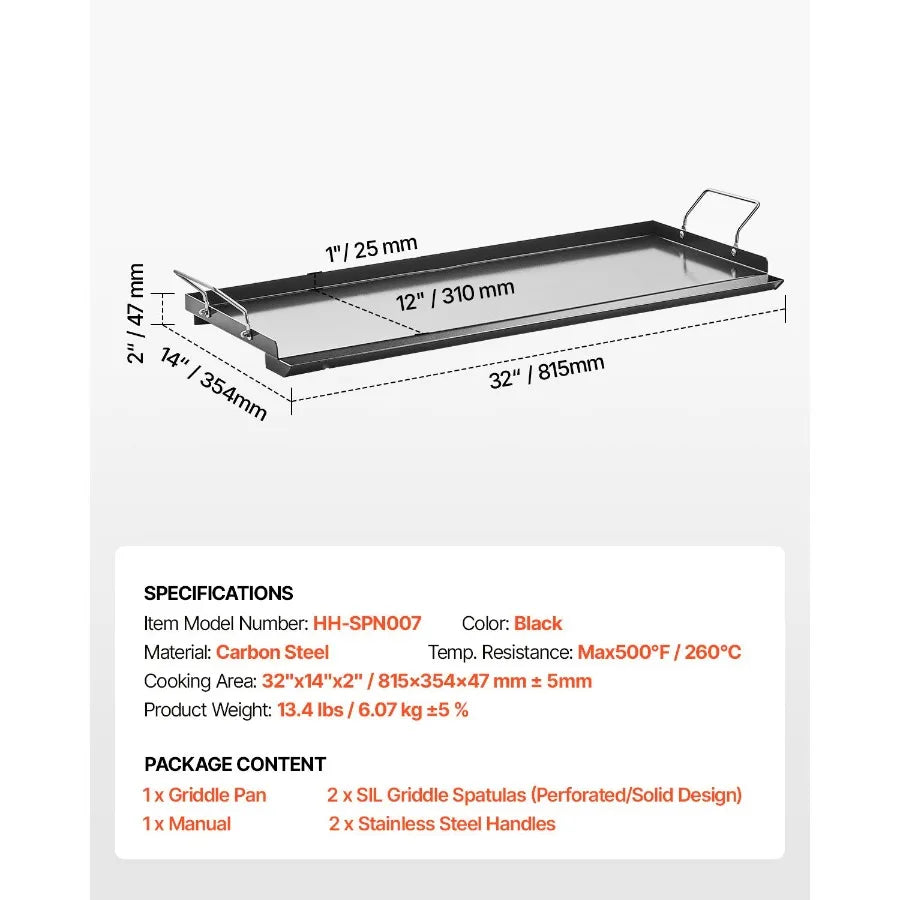 Plancha de Acero al Carbono de 32x14 pulgadas, Placa Rectangular Universal de Superficie Plana para Parrilla de Gas, Barbacoa, Teppanyaki, Cocina Portátil con Asa