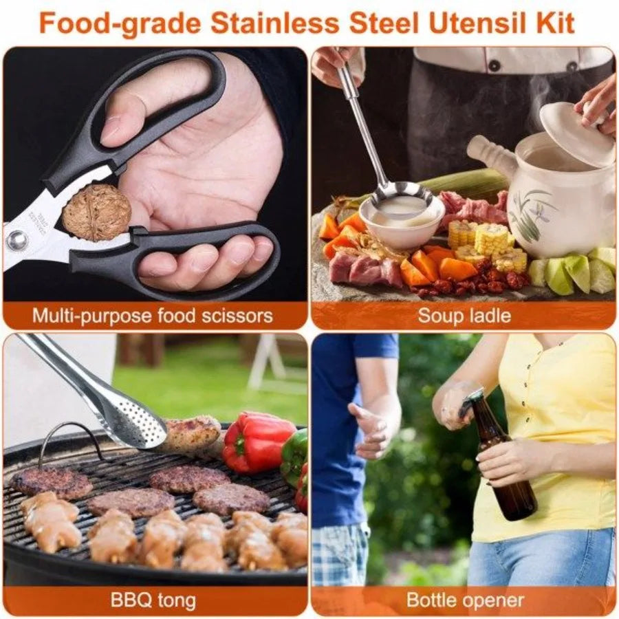 Juego de utensilios de cocina para acampar de 19 piezas, kit portátil de utensilios de cocina para pícnic, equipo de cocina para exteriores, aparatos para barbacoa, fogata, con estufa