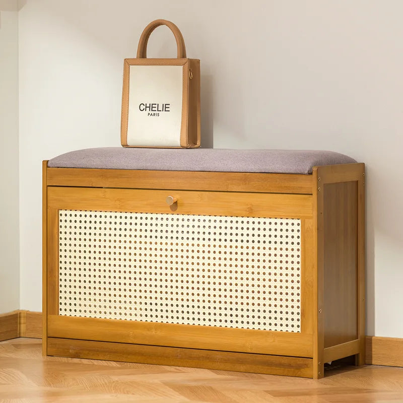 Banco zapatero con almacenamiento para la entrada, asiento largo tapizado, gabinete moderno para zapatos, banco para pasillo, gabinete de lujo para almacenamiento, estantes para zapatos.