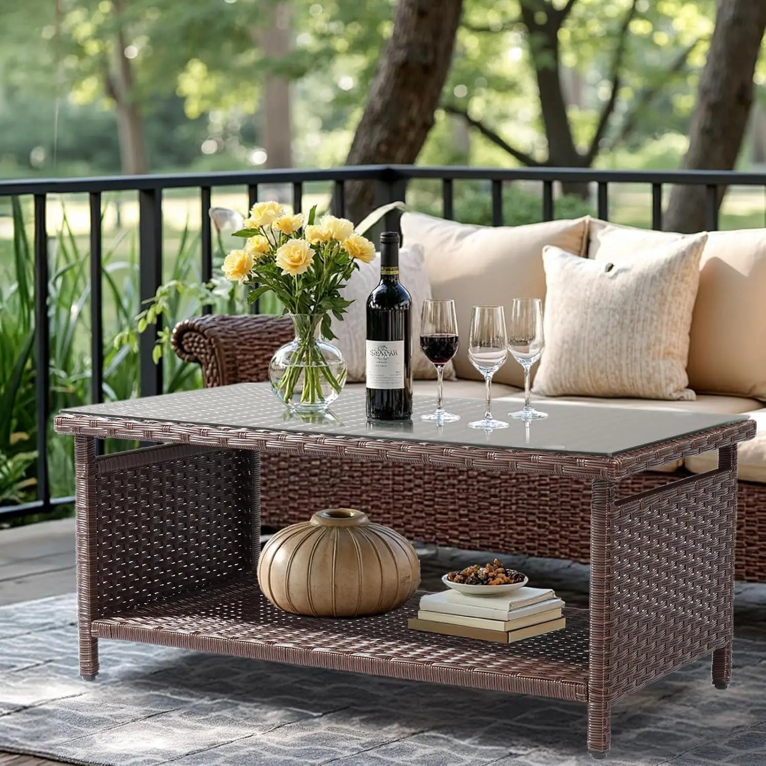 Mesa de centro de mimbre para exteriores, mesas de centro de patio para exteriores, mesa de mimbre con parte superior de vidrio templado con mesa de centro de almacenamiento para patio