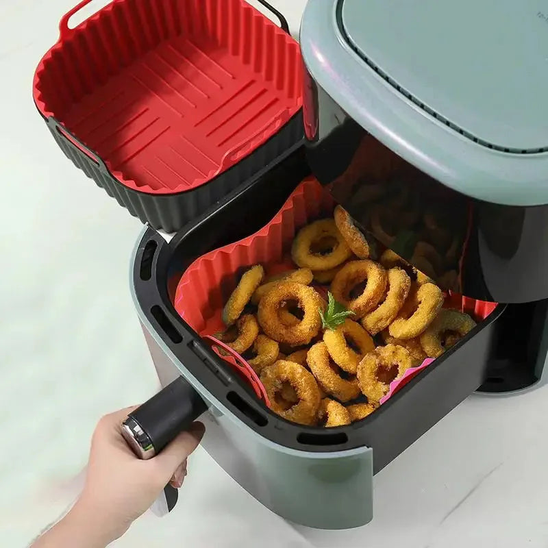 Recipientes de silicona para freidora de aire, cuadrados, cesta para freidora de aire, plato, utensilios de cocina, reutilizables, antiadherentes, molde para pizza, accesorios de cocina para horno