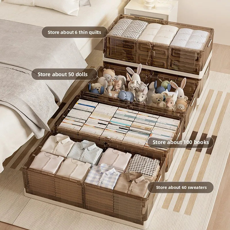 Caja de almacenamiento plegable debajo de la cama. Caja de almacenamiento transparente de plástico extragrande con ruedas a prueba de polvo. Caja organizadora de ropa y edredones.