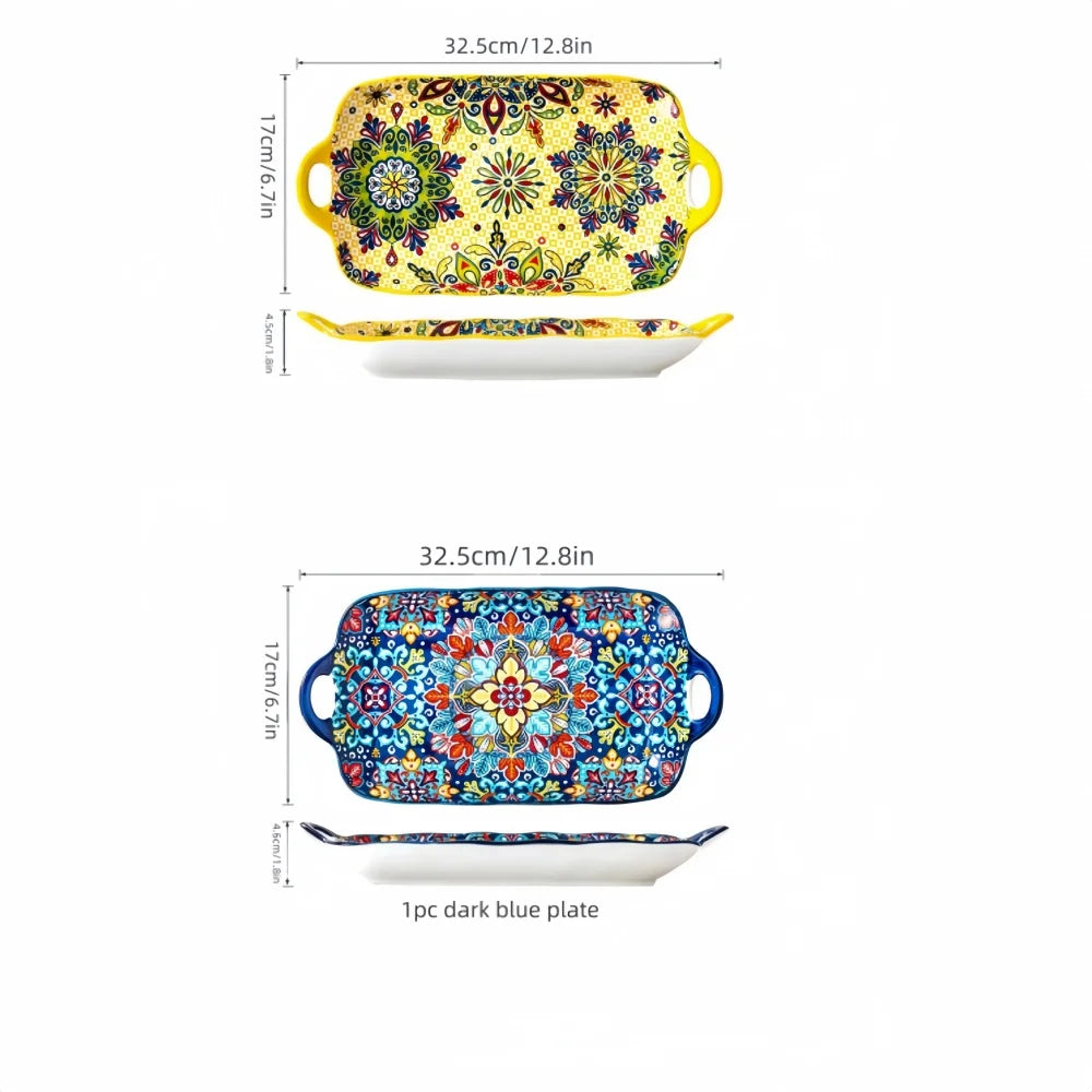 1 plato de pescado de cerámica estilo bohemio con asa: bandeja rectangular de 32,5 cm para mesa de comedor, apta para microondas y horno