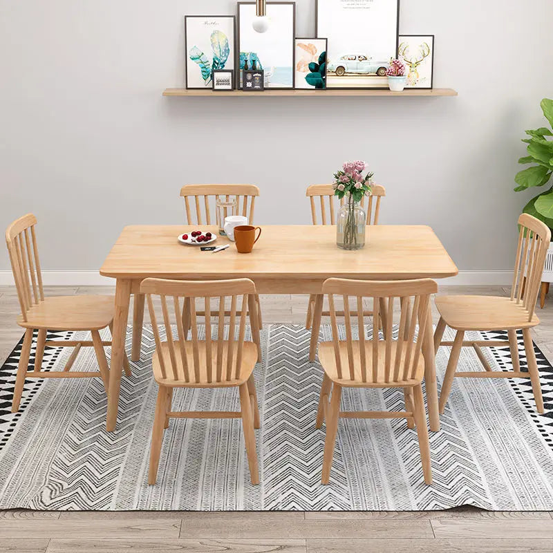 Juego de Mesa de Comedor Nórdica de Madera Maciza con 4 o 6 Sillas, Rectangular, Acabado de Madera Natural, Muebles para Apartamentos Pequeños, Cocinas y Comedores