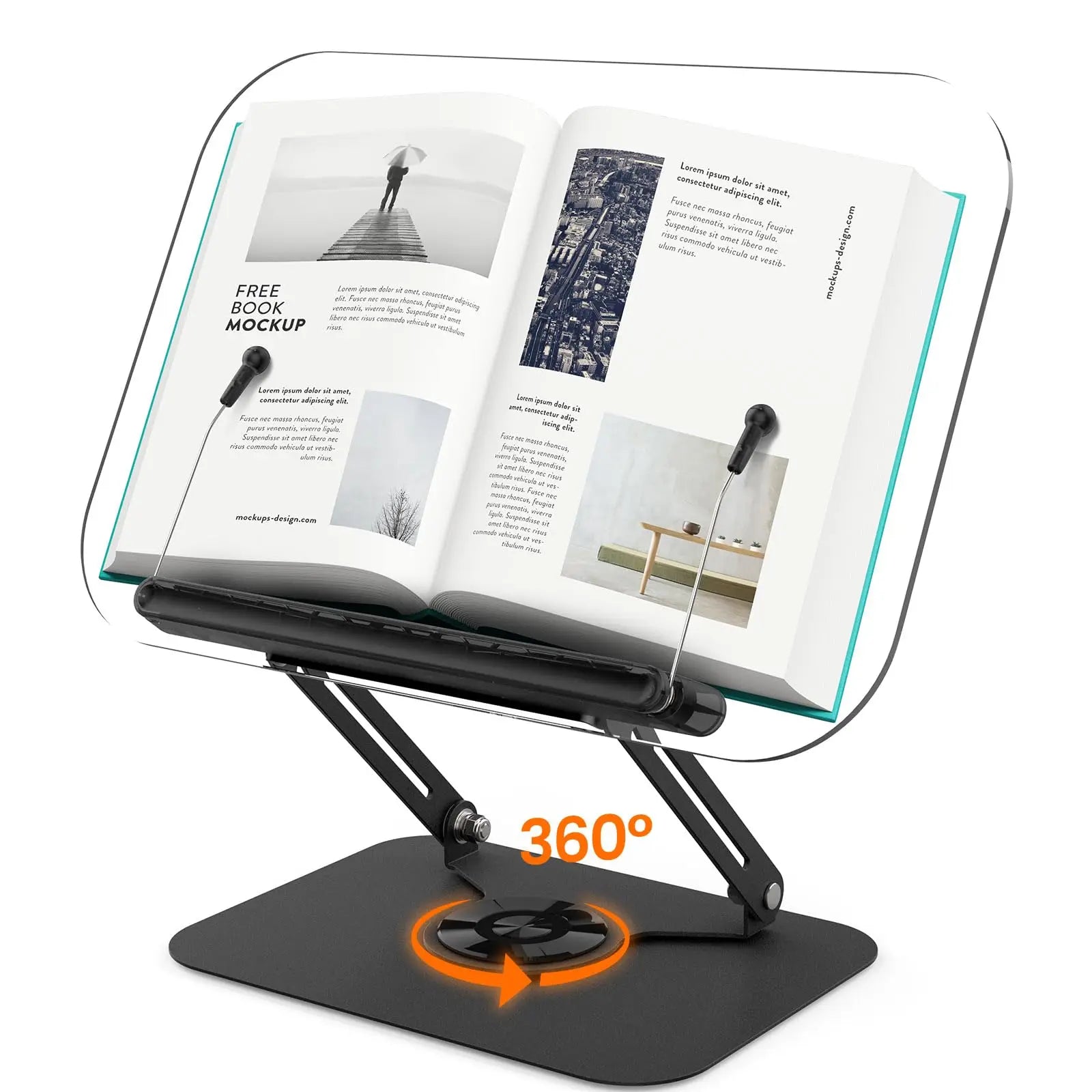 Nuevo soporte para libros de lectura, atril ajustable con base giratoria 360°, clips elásticos para páginas, soporte elevador de escritorio plegable