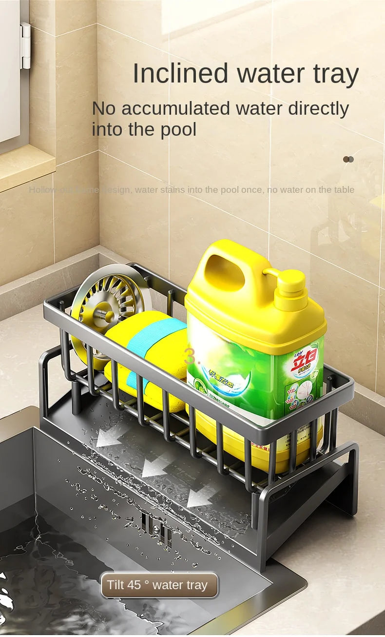Organizador de fregadero, soporte para cepillo de platos, soporte de plástico inoxidable para esponja de fregadero con bandeja de drenaje automático, jabón de cocina para jabón de cepillo