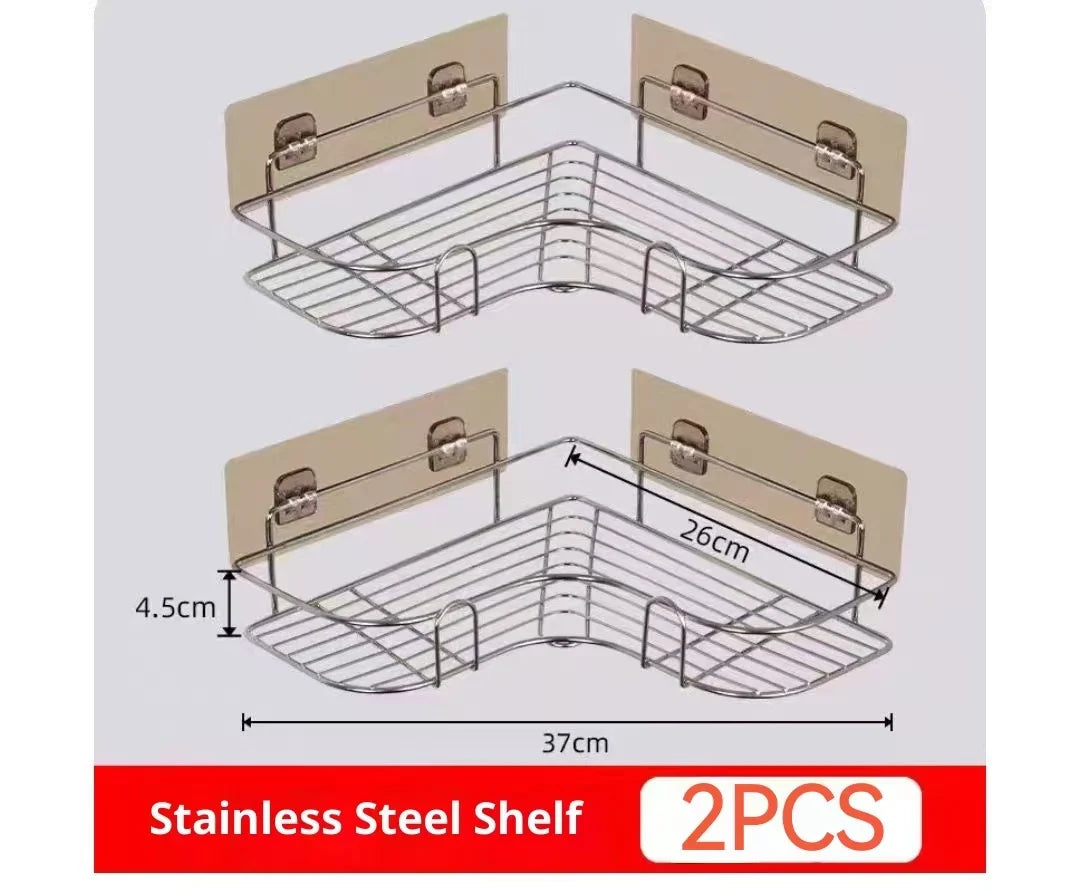 Estante triangular de doble capa de acero inoxidable sin perforaciones para baño, balcón, cocina, almacenamiento en esquina, diseño duradero que ahorra espacio