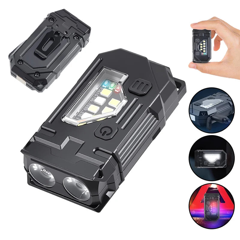 Potente Linterna EDC de 550 lúmenes recargable por USB-C, antorcha portátil con luces COB rojas y azules, linterna portátil para exteriores con clip para bolígrafo