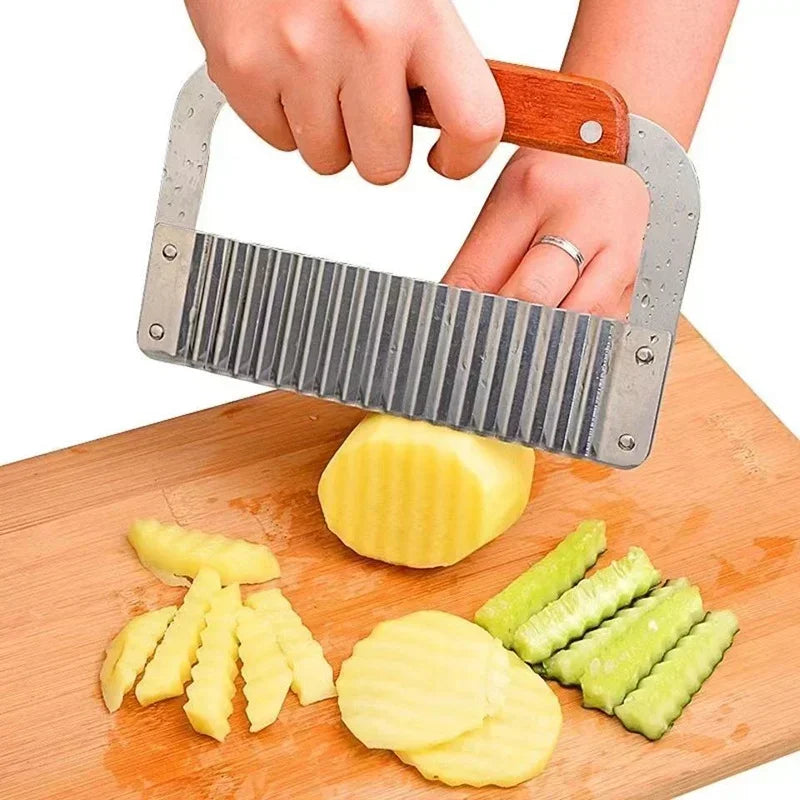 Cuchillo de Acero Inoxidable con Mango de Madera para Patatas Onduladas, Cuchillo de Patata con Dientes de Lobo, Cuchillo Ondulado para Patatas Fritas, Cortador de Patatas, Herramienta de Cocina