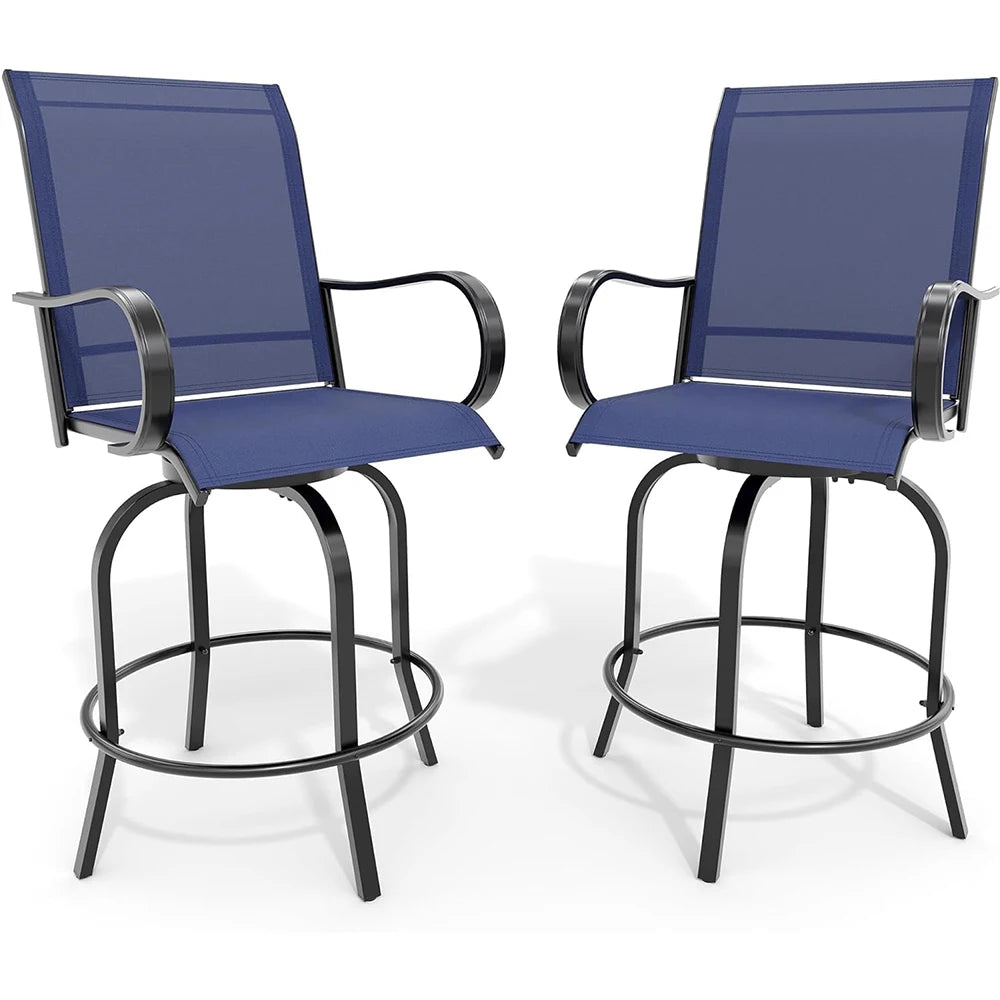 Juego de 2 taburetes de bar giratorios para todo tipo de clima, sillas de exterior de altura de encimera con rotación de 360° con respaldo alto y apoyabrazos para patio