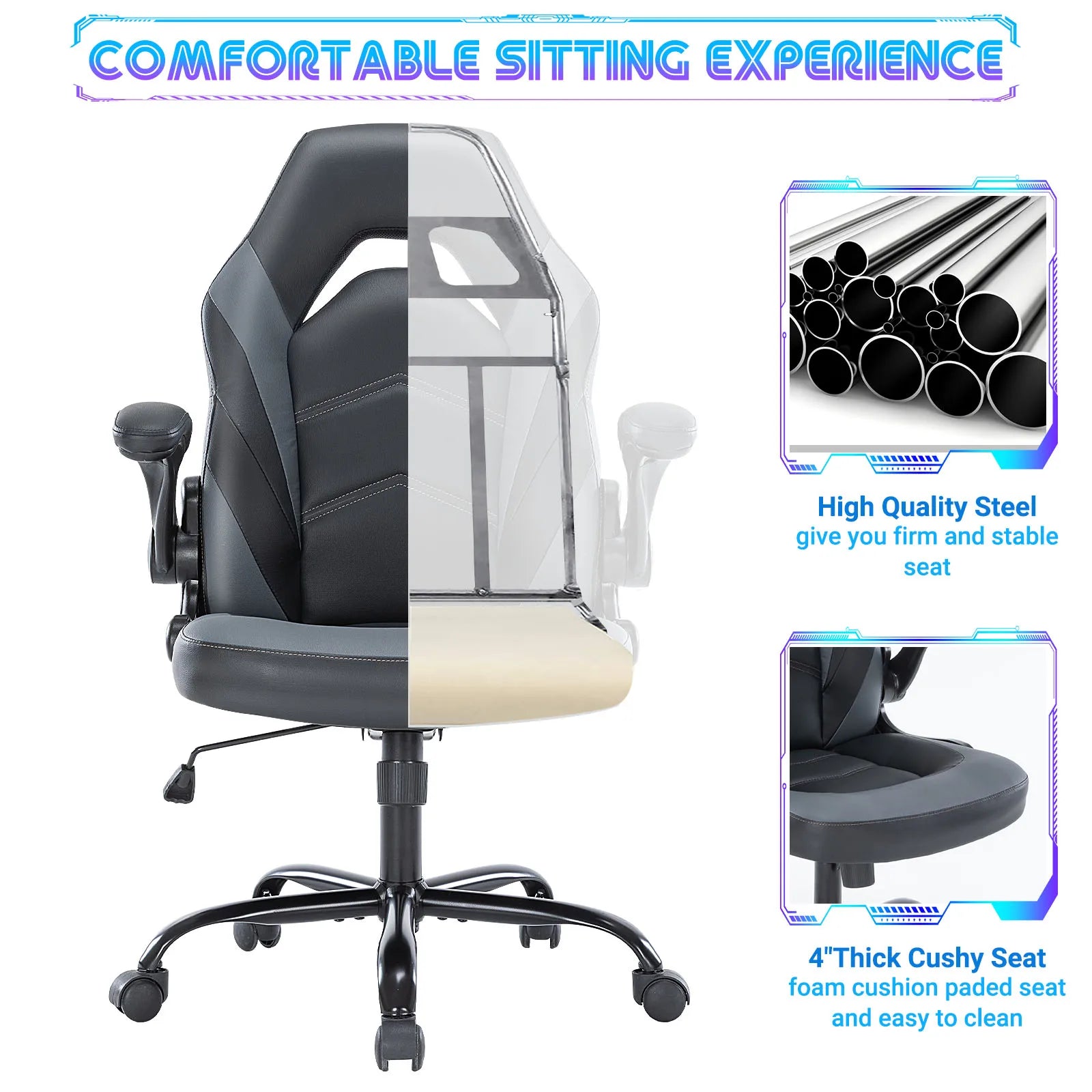 JHK Silla de escritorio ergonómica para oficina, ordenador, hogar, juegos, ajustable, de cuero PU, estilo de carreras, con reposabrazos abatible para muebles de Navidad