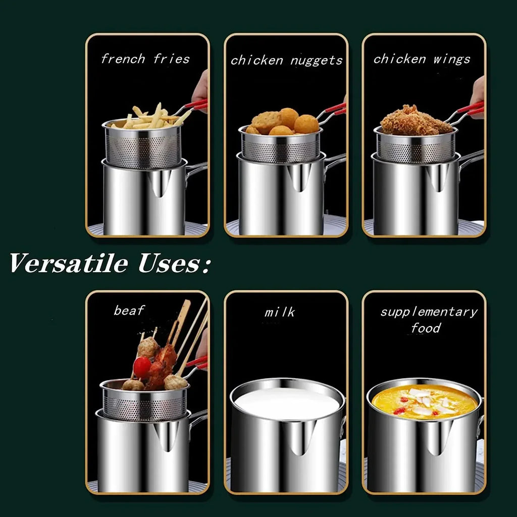 Freidora de Acero Inoxidable con Cesta, Multiusos para el Hogar y Uso Comercial, para Tempura y Pollo Frito, Base Antideslizante, Asa Fría al Tacto