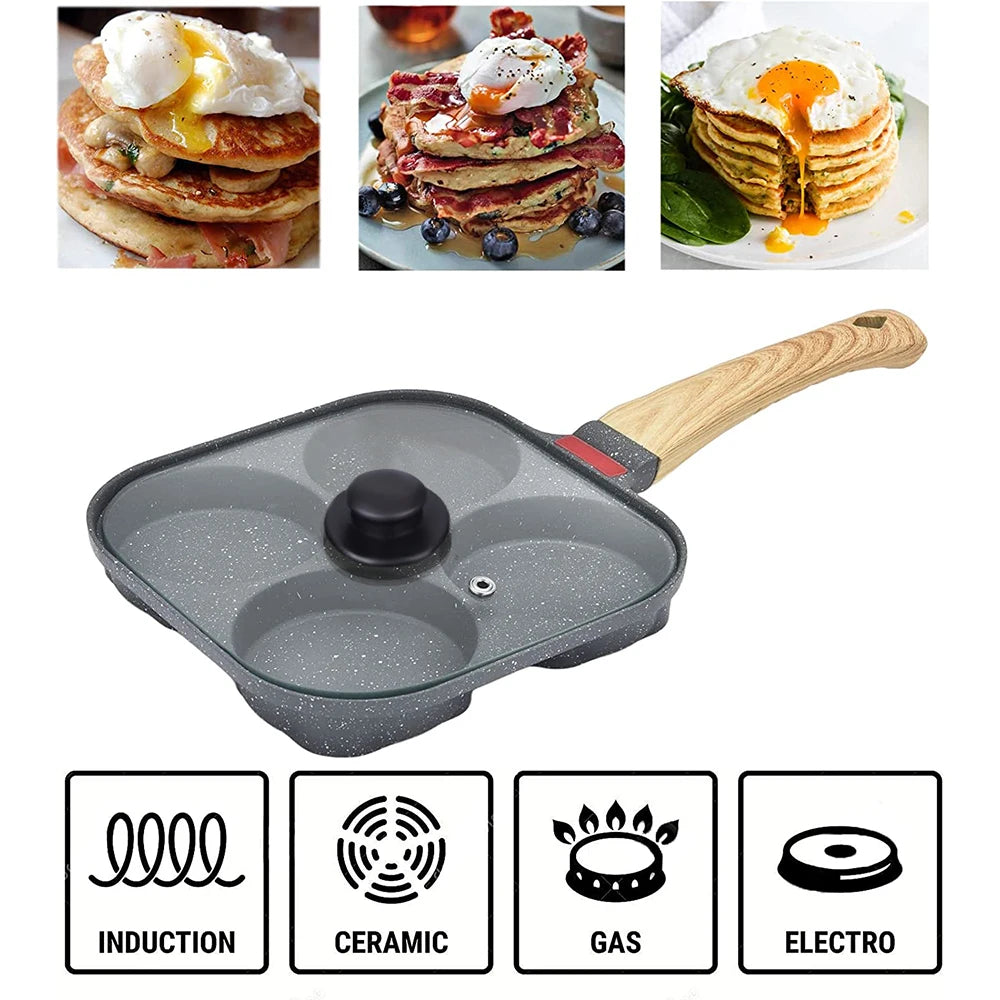 Sartén antiadherente de 4 cavidades para huevos con tapa abatible, panquequera/huevo de aluminio con espátula y brocha, sartén para cocinar hamburguesas y tortillas
