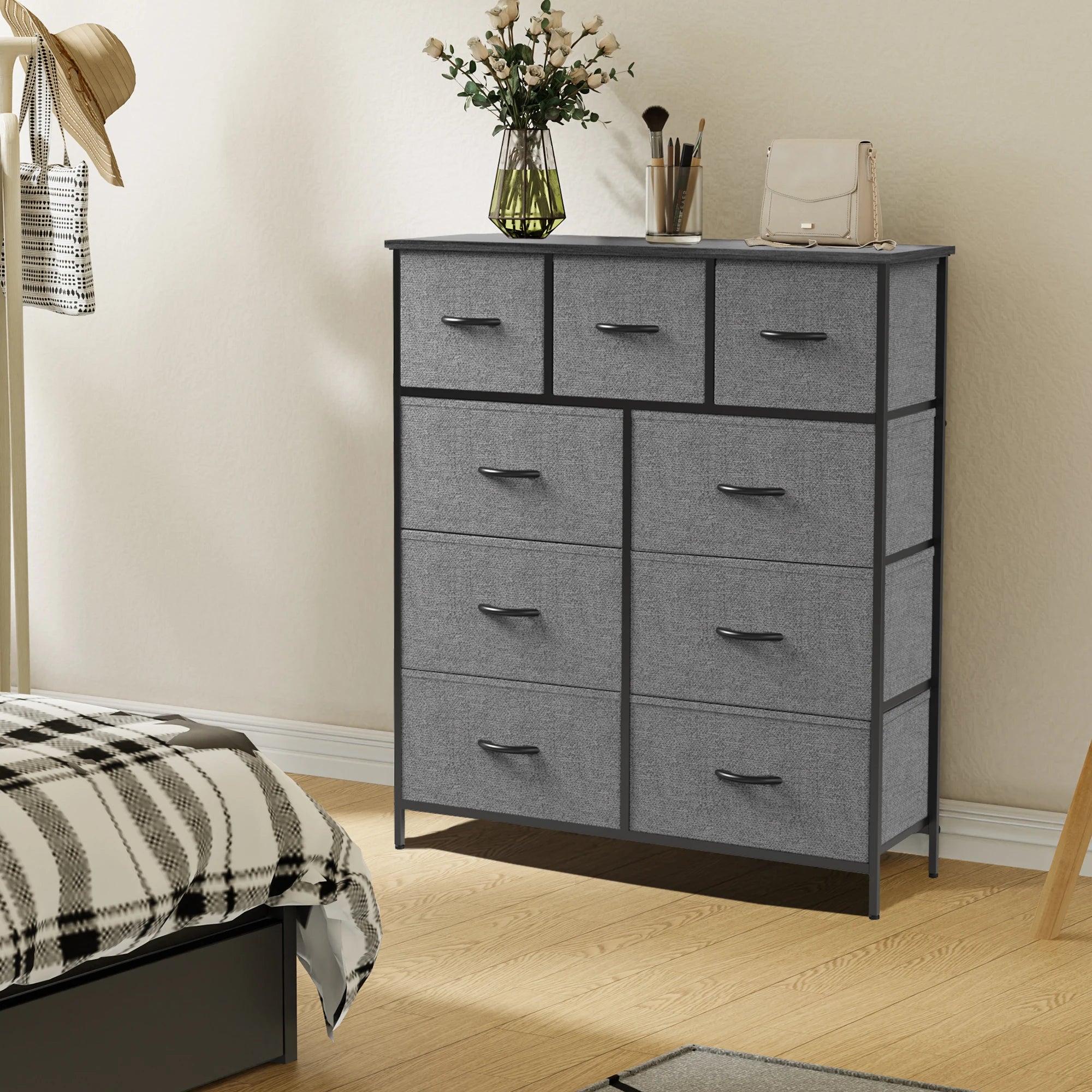 JHK Cómoda para dormitorio con 9 cajones de tela, armario alto, organizador de almacenamiento, armario para ropa de adultos y niños, muebles