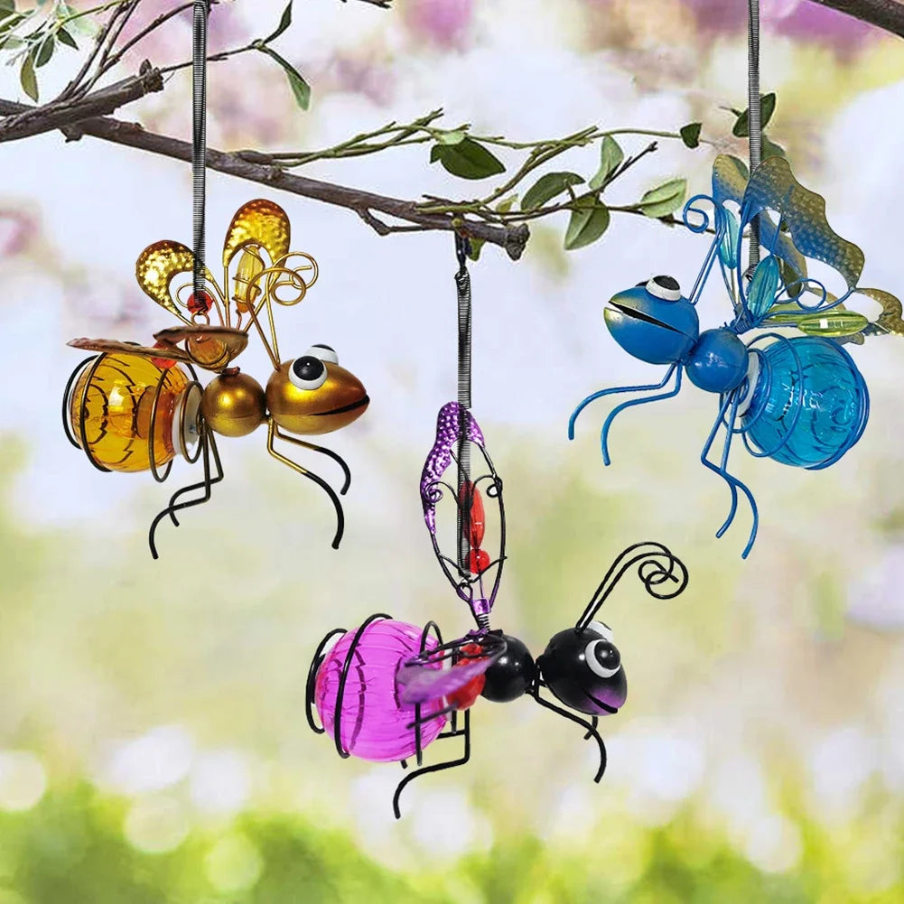 Solar Powered Hanging Bug Light Metal Hanging Flying Insects Lamp Garden Bug Light Ornament for Outside Lawn Decor