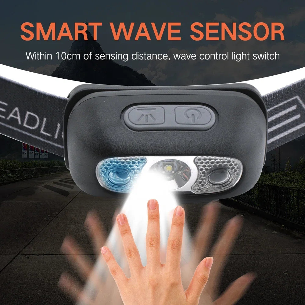 Linterna frontal de 500 lúmenes recargable por USB, sensor de movimiento, LED brillante, para correr, pescar, faro, luz con sensor infrarrojo