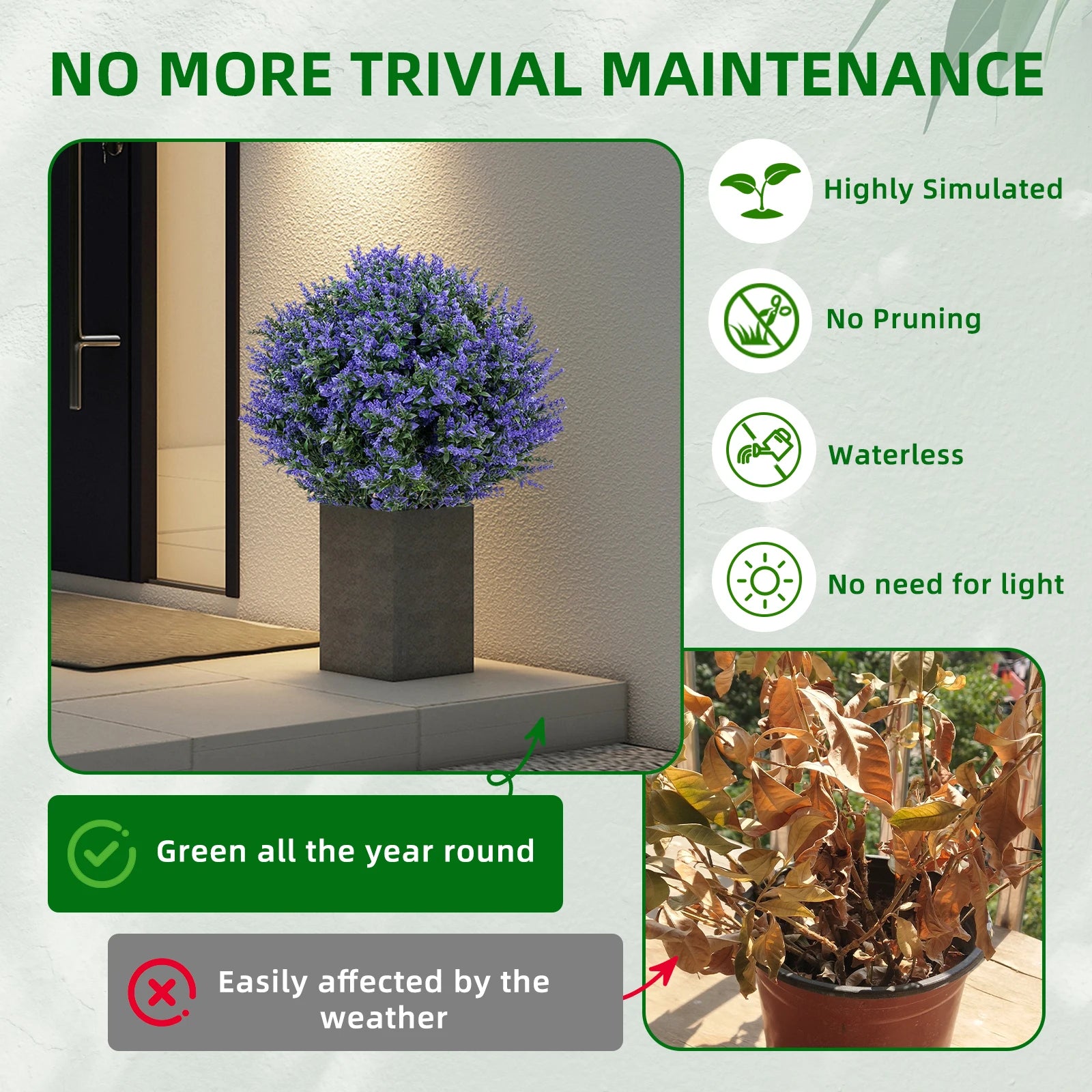 2 Piezas de Arbustos Artificiales de Roble Violeta en Forma de Bola con Copa, Resistentes a los Rayos UV, Plantas Ornamentales para la Decoración de Jardines, Terrazas y Balcones