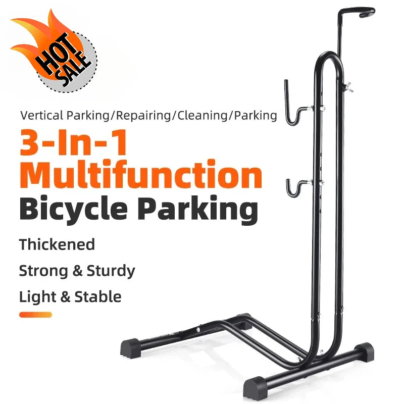 WEST BIKING Soporte de estacionamiento para bicicleta 3 en 1, estante de almacenamiento multifuncional para bicicleta de interior, garaje, soporte de reparación y mantenimiento para MTB y bicicleta de carretera.