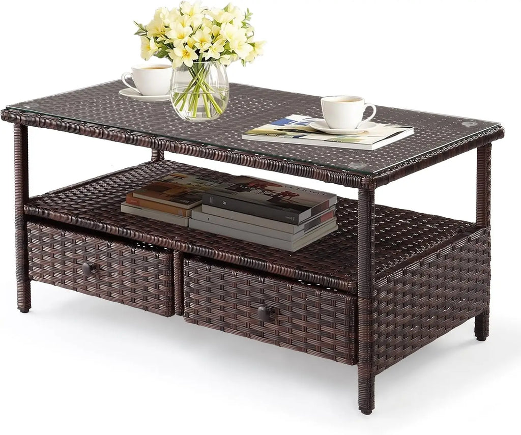 Mesa de centro de mimbre para exteriores, mesas de centro de patio para exteriores, mesa de mimbre con parte superior de vidrio templado con mesa de centro de almacenamiento para patio