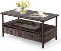 Mesa de centro de mimbre para exteriores, mesas de centro de patio para exteriores, mesa de mimbre con parte superior de vidrio templado con mesa de centro de almacenamiento para patio