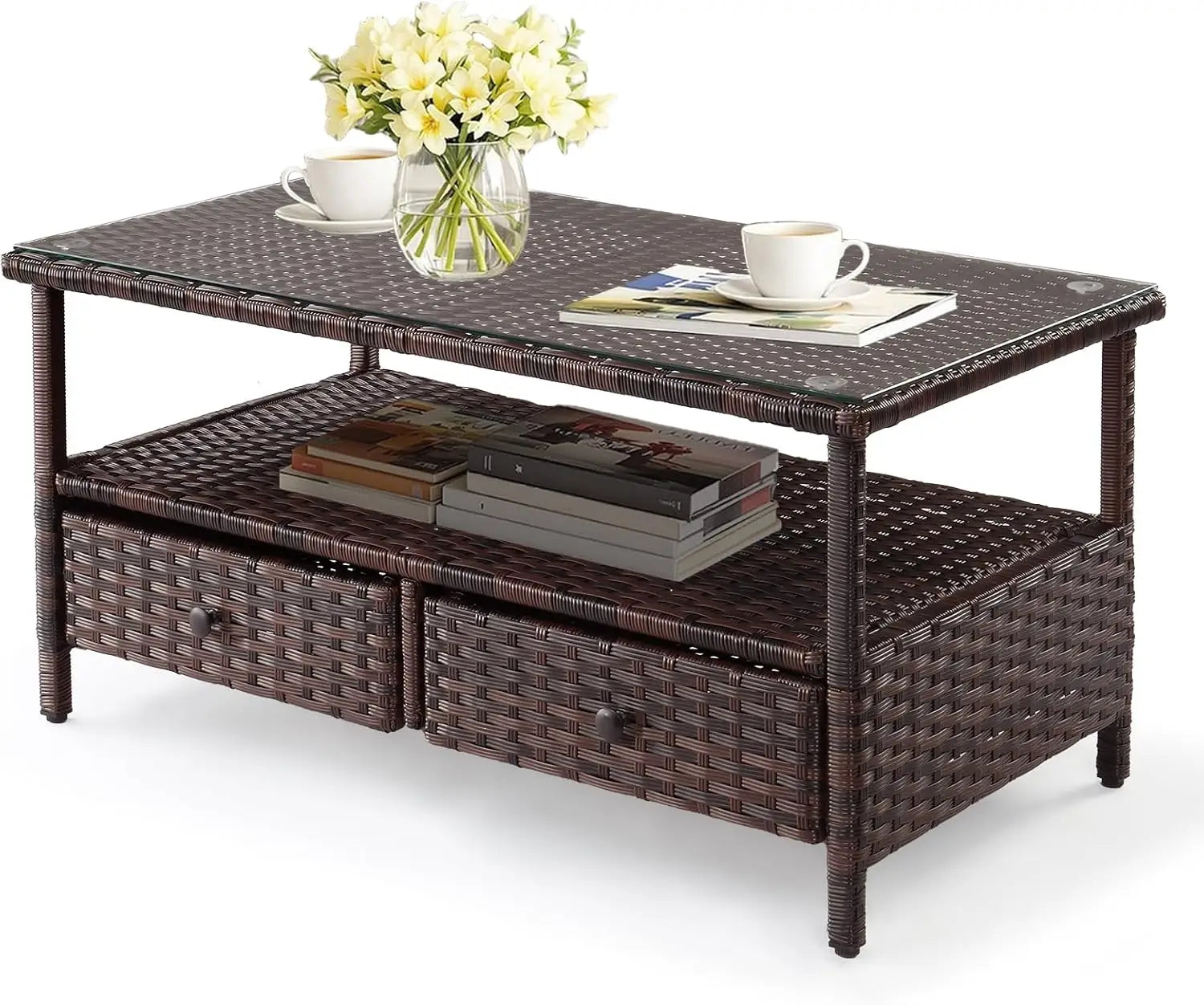 Mesa de centro de mimbre para exteriores, mesas de centro de patio para exteriores, mesa de mimbre con parte superior de vidrio templado con mesa de centro de almacenamiento para patio