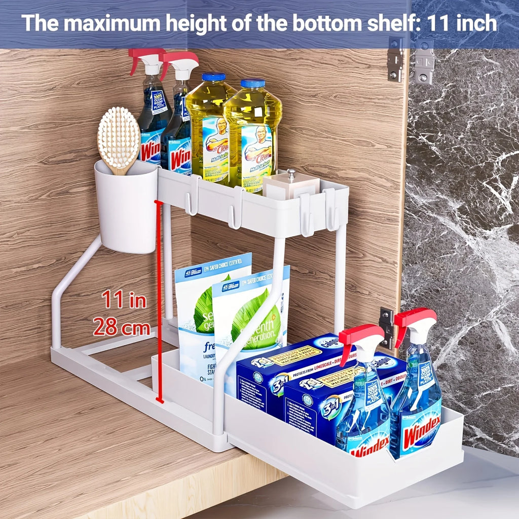 Organizador de cajones esencial para cocina y baño, con dos niveles extraíbles, que ahorra espacio, en forma de R, simple, duradero y de gran capacidad.
