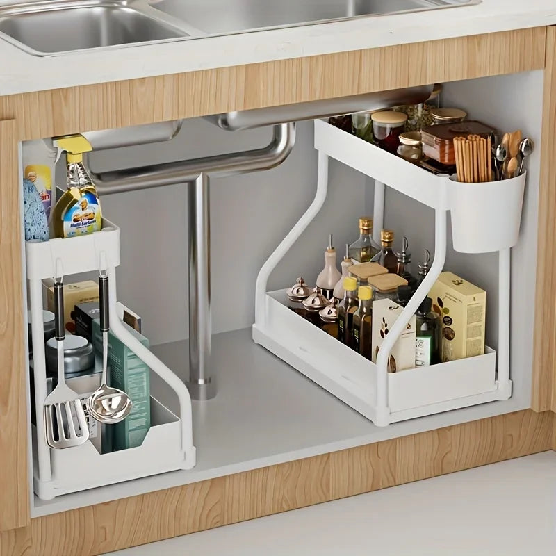 Organizador de cajones esencial para cocina y baño, con dos niveles extraíbles, que ahorra espacio, en forma de R, simple, duradero y de gran capacidad.