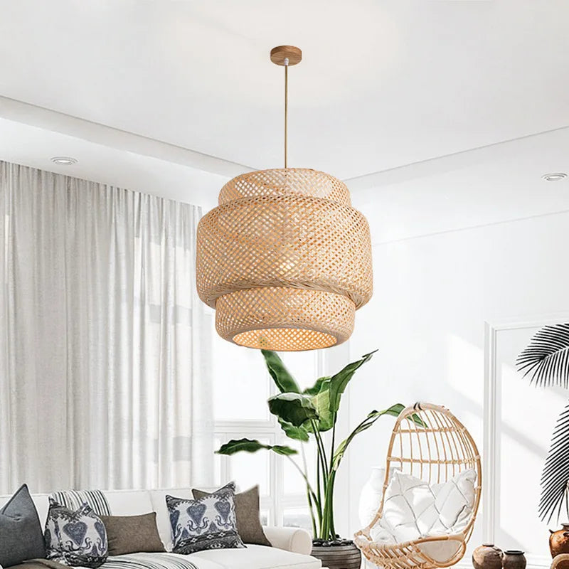Moderna lámpara colgante de bambú E27 de 30 cm, hecha a mano, candelabro artístico de bambú, lámpara de comedor, candelabro de linterna, lámpara de dormitorio y comedor
