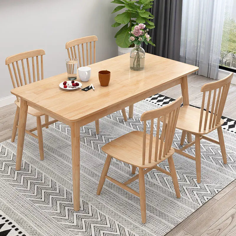 Juego de Mesa de Comedor Nórdica de Madera Maciza con 4 o 6 Sillas, Rectangular, Acabado de Madera Natural, Muebles para Apartamentos Pequeños, Cocinas y Comedores