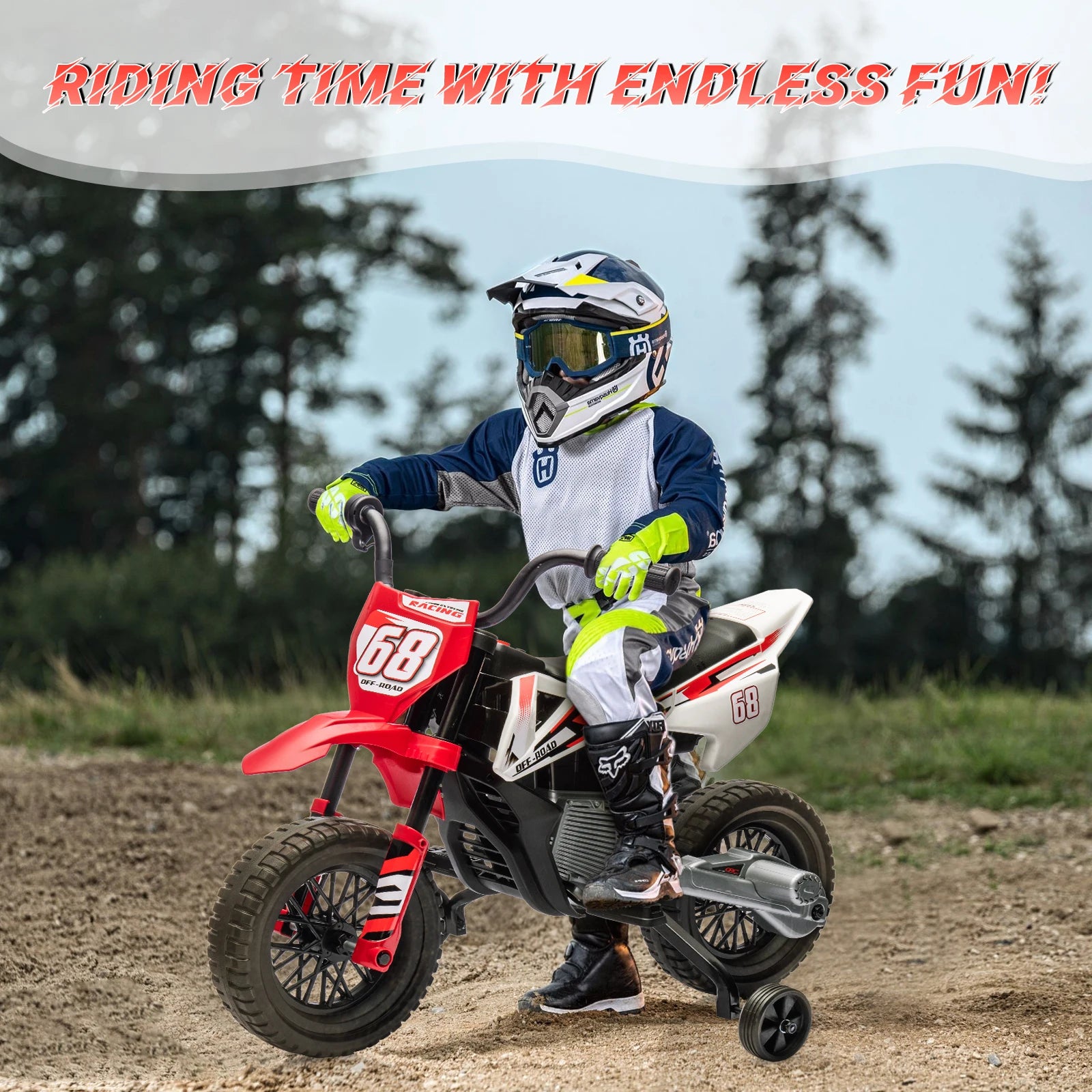 Moto eléctrica de motocross de 12 V para niños con ruedas de entrenamiento, acelerador de puño, velocidad máxima de 3 mph y música