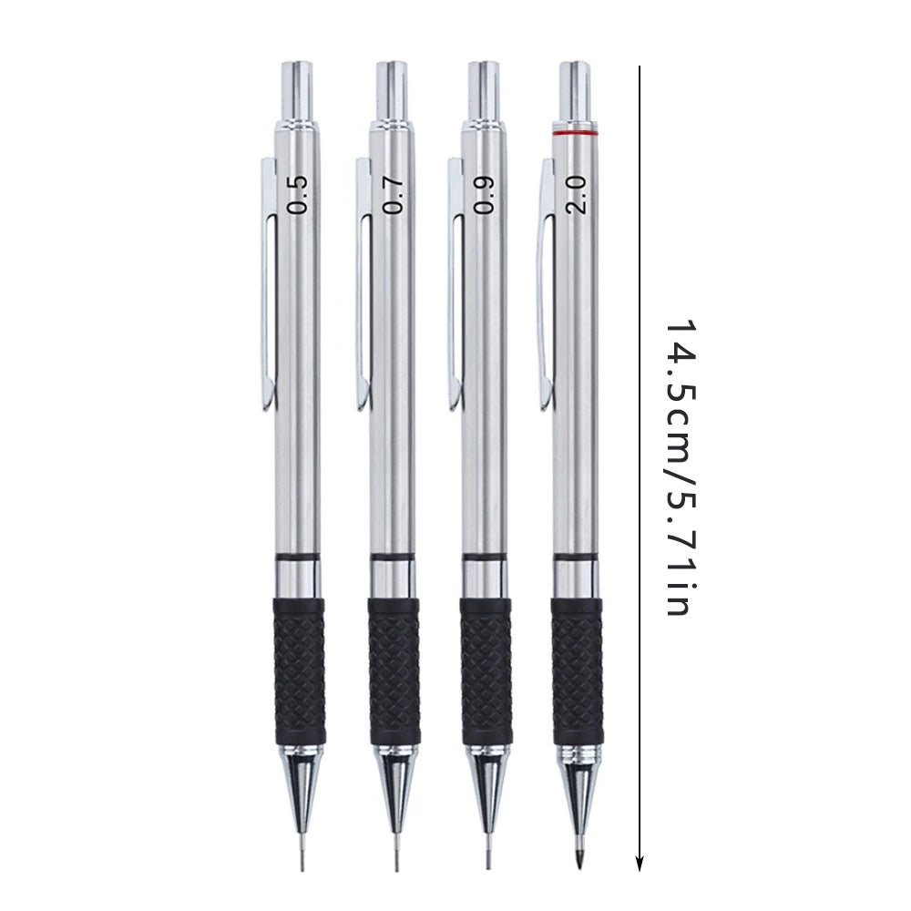 Juego de portaminas metálicos con empuñadura, minas, suministros de oficina para estudiantes, dibujo artístico, portaminas automático de 0.5/0.7/0.9/2.0 mm