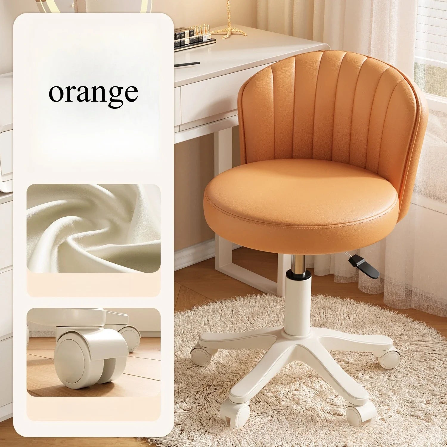 Silla giratoria 360° Taburete de maquillaje con altura ajustable Silla de tocador para dormitorio con ruedas Silla con respaldo Silla de tocador de cuero
