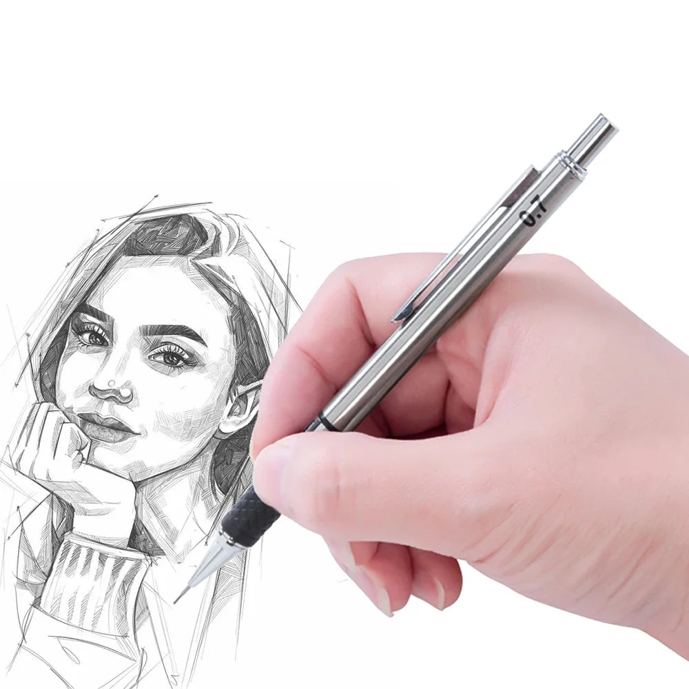 Juego de portaminas metálicos con empuñadura, minas, suministros de oficina para estudiantes, dibujo artístico, portaminas automático de 0.5/0.7/0.9/2.0 mm