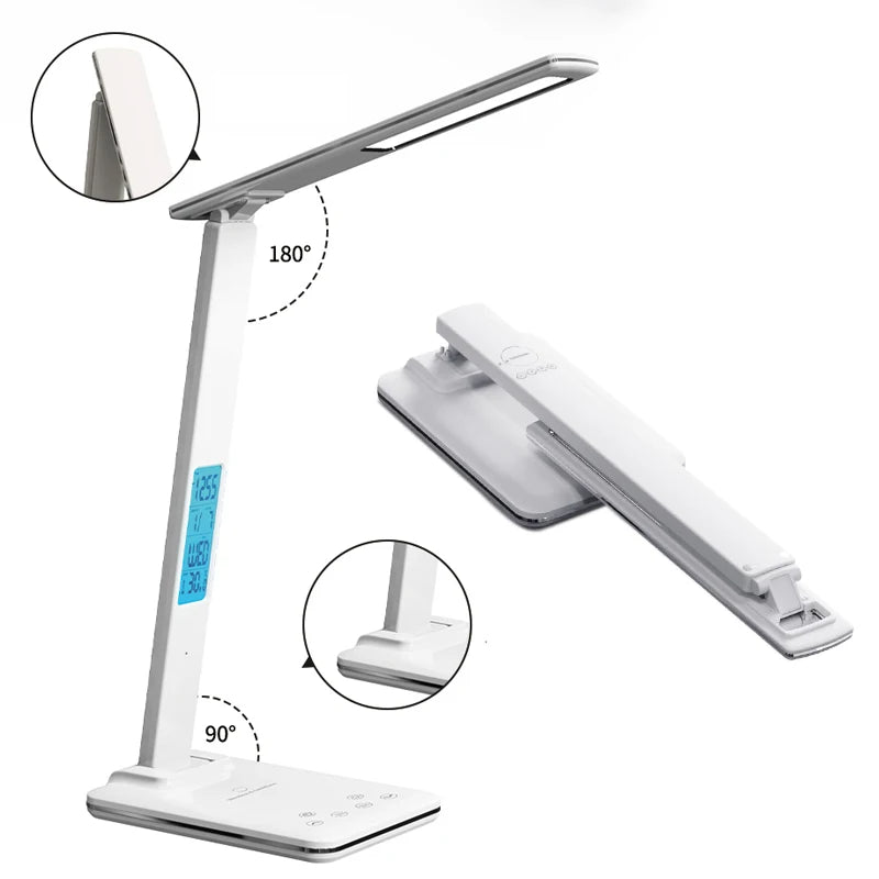 Lámpara de Escritorio Plegable para Leer con Enchufe USB, Lámpara de Escritorio de 15W con Carga Inalámbrica para Teléfono Móvil, con Temporizador, Luz de Protección Ocular para Dormitorio y Oficina