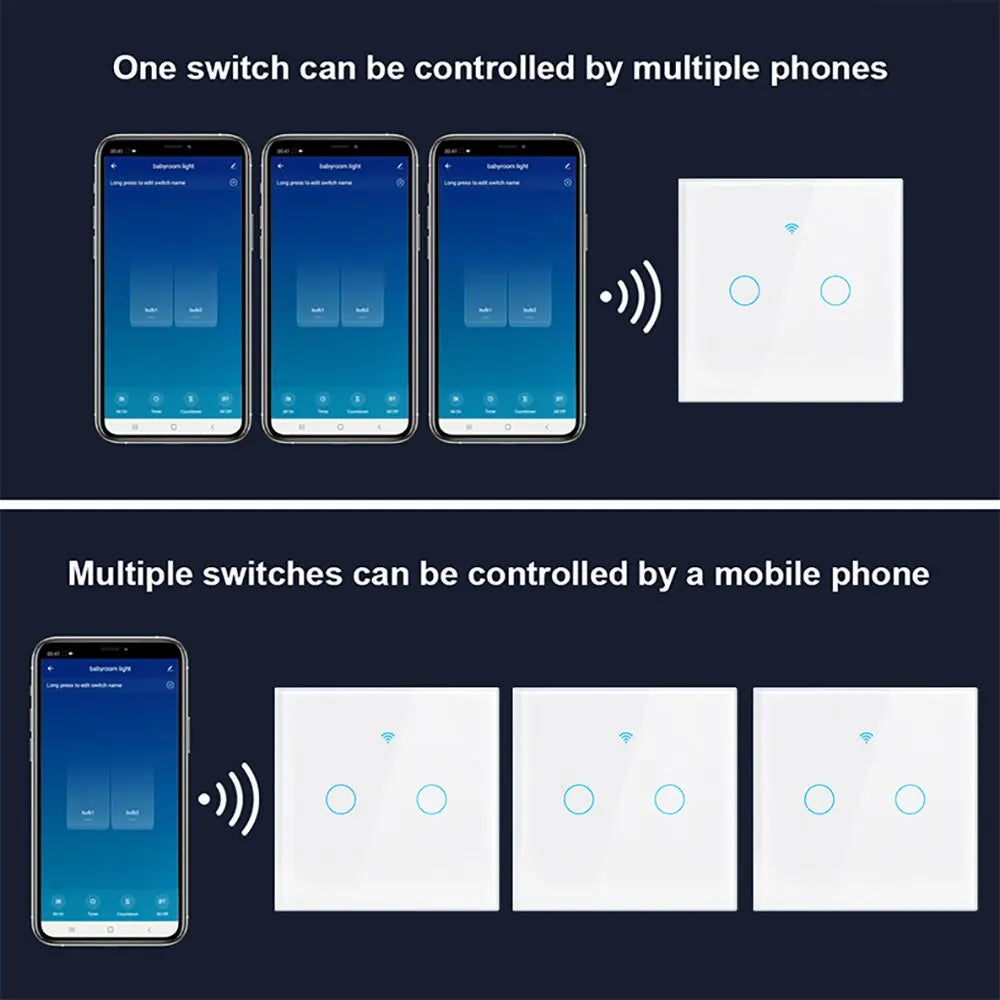 Funciona con el interruptor de luz de pared inteligente Tuya WIFI US/UE con panel táctil de vidrio y control remoto inalámbrico por voz con Alexa Google Home